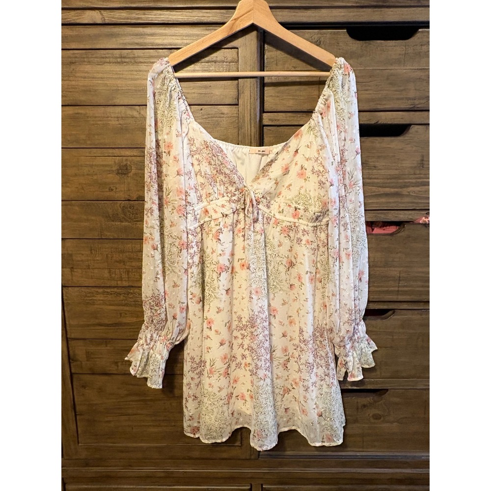Mi Ami Floral Clip Dot Mini Dress Cream Pink Long Sleeve Empire Waist Large - Picture 2 of 5